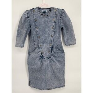 Vtg 80s Extra Blues Acid Wash Denim Button Front Puff Sleeve Mini Dress Sz 7